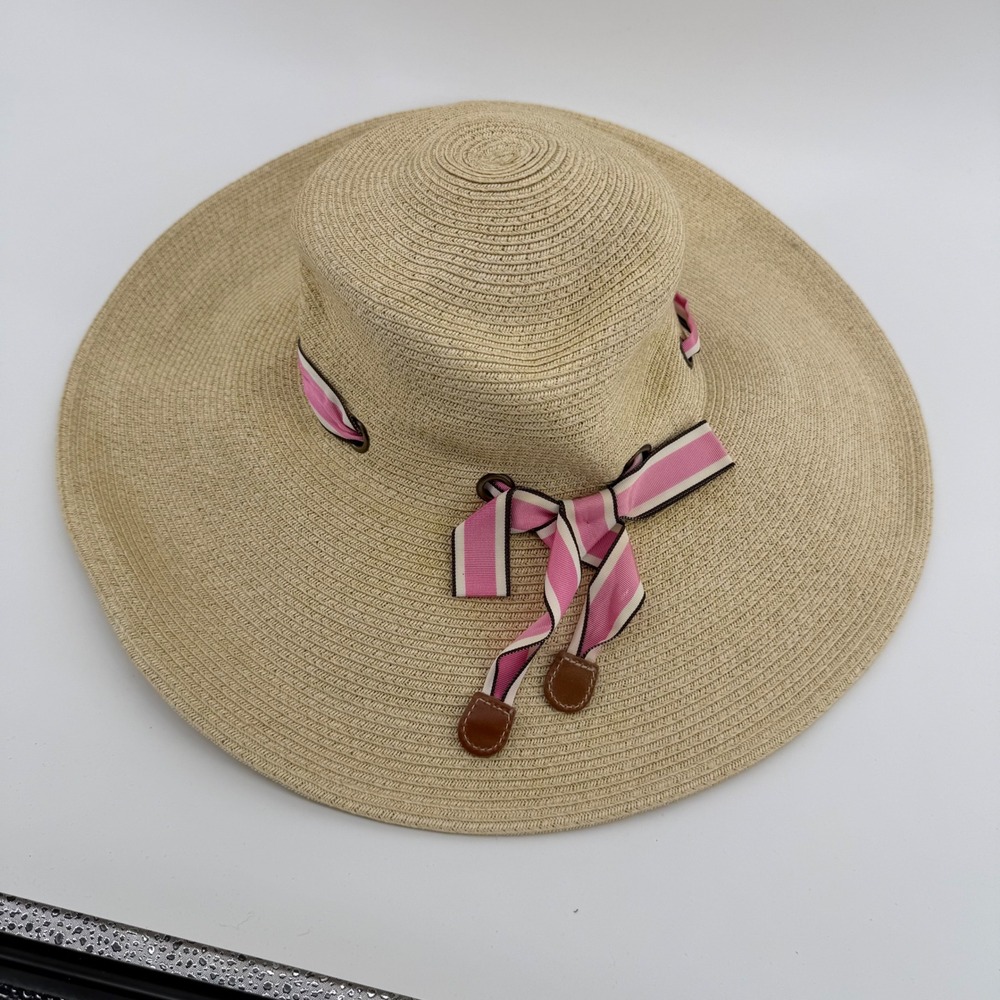 J.Crew Womens Wide Brim Straw Sun Hat Pink Striped Ribbon Tan RN77388 OS